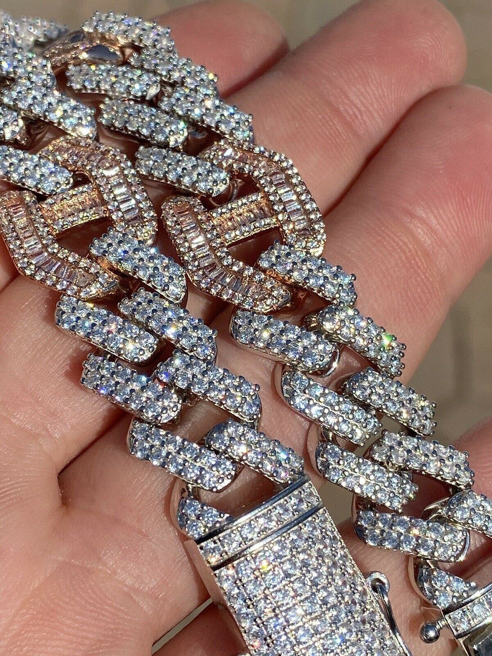 HarlemBling Mens Solid 925 Silver and Rose Gold Baguette Cuban Gucci Link Bracelet Hip Hop ICY