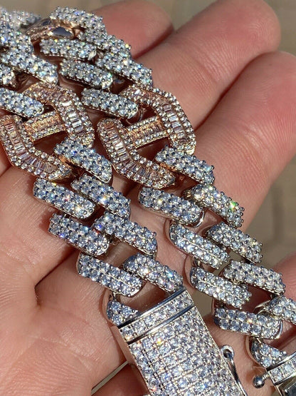 HarlemBling Mens Solid 925 Silver and Rose Gold Baguette Cuban Gucci Link Bracelet Hip Hop ICY