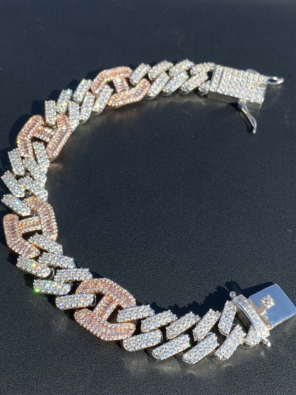 HarlemBling Mens Solid 925 Silver and Rose Gold Baguette Cuban Gucci Link Bracelet Hip Hop ICY