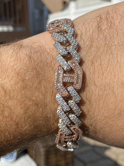 HarlemBling Mens Solid 925 Silver and Rose Gold Baguette Cuban Gucci Link Bracelet Hip Hop ICY