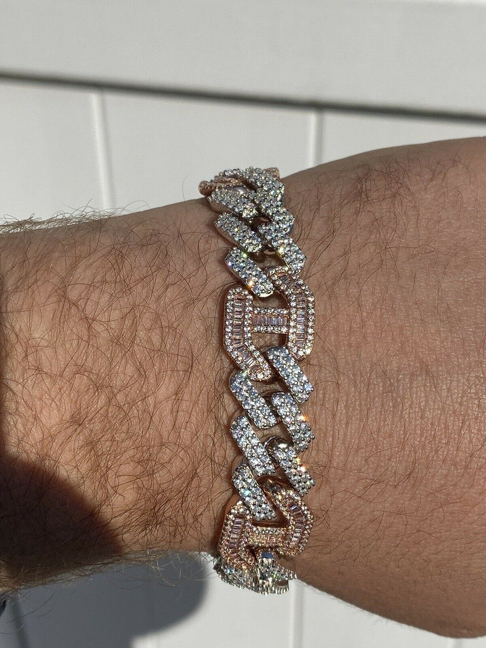 HarlemBling Mens Solid 925 Silver and Rose Gold Baguette Cuban Gucci Link Bracelet Hip Hop ICY