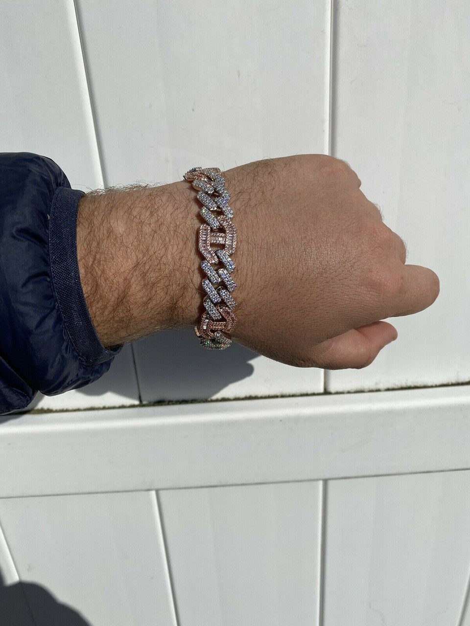 HarlemBling Mens Solid 925 Silver and Rose Gold Baguette Cuban Gucci Link Bracelet Hip Hop ICY