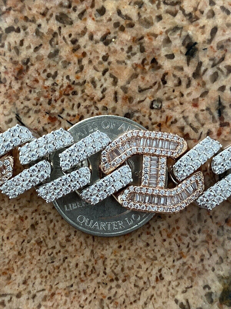 HarlemBling Mens Solid 925 Silver and Rose Gold Baguette Cuban Gucci Link Bracelet Hip Hop ICY