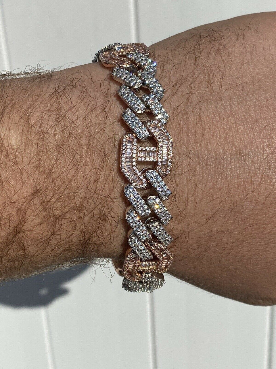 HarlemBling Mens Solid 925 Silver and Rose Gold Baguette Cuban Gucci Link Bracelet Hip Hop ICY