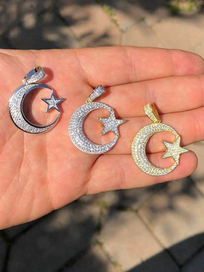 HarlemBling Mens Solid 925 Silver Crescent Moon and Star Islam Muslim Arabic Pendant Iced Icy