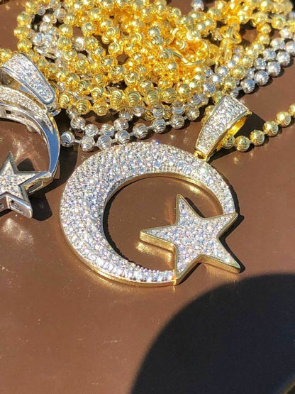 HarlemBling Mens Solid 925 Silver Crescent Moon and Star Islam Muslim Arabic Pendant Iced Icy
