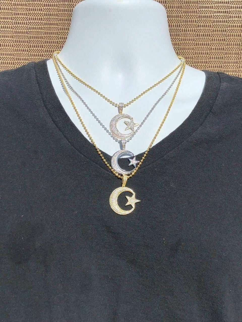 HarlemBling Mens Solid 925 Silver Crescent Moon and Star Islam Muslim Arabic Pendant Iced Icy