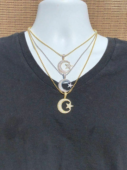 HarlemBling Mens Solid 925 Silver Crescent Moon and Star Islam Muslim Arabic Pendant Iced Icy