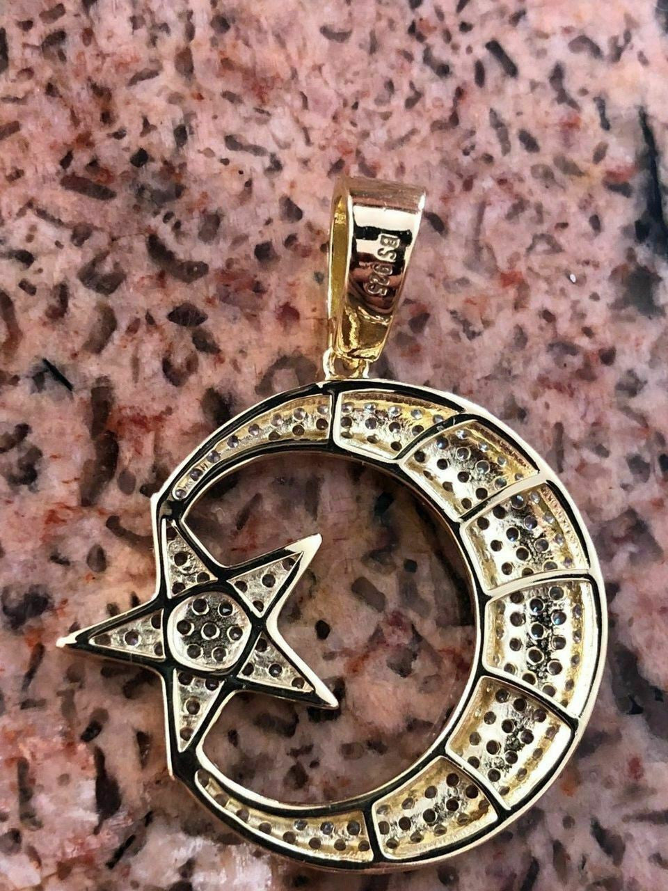 HarlemBling Mens Solid 925 Silver Crescent Moon and Star Islam Muslim Arabic Pendant Iced Icy