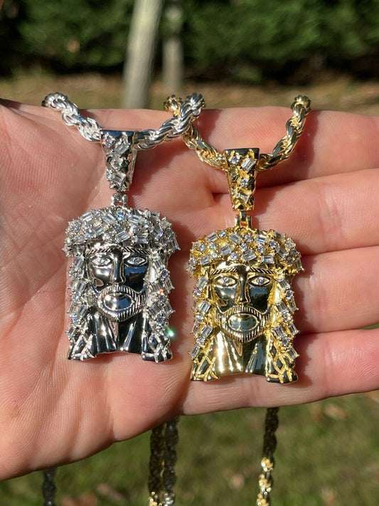 HarlemBling Mens Solid 925 Silver / Gold Jesus Piece Iced Hip Hop Necklace Baguette Diamond