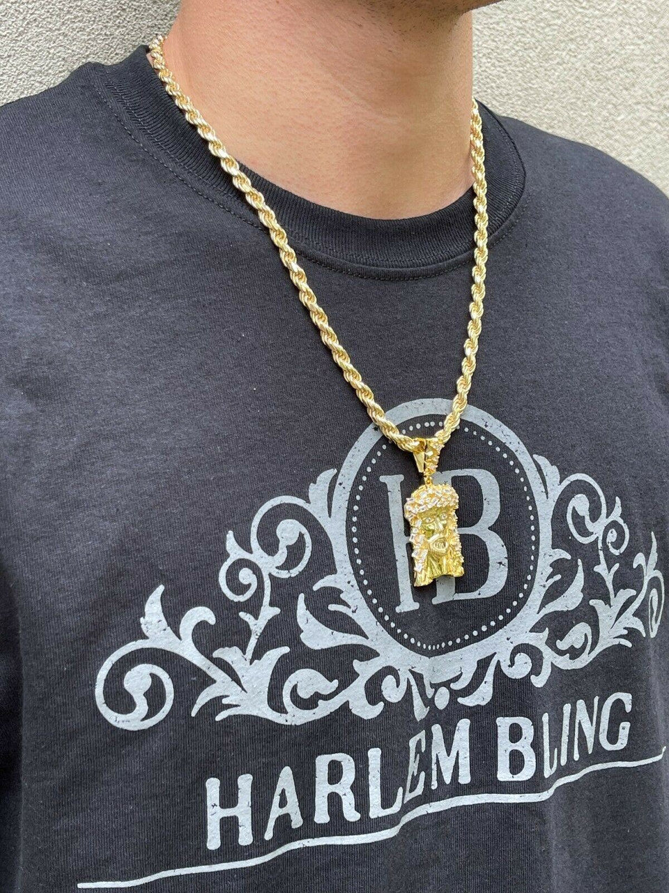 HarlemBling Mens Solid 925 Silver / Gold Jesus Piece Iced Hip Hop Necklace Baguette Diamond