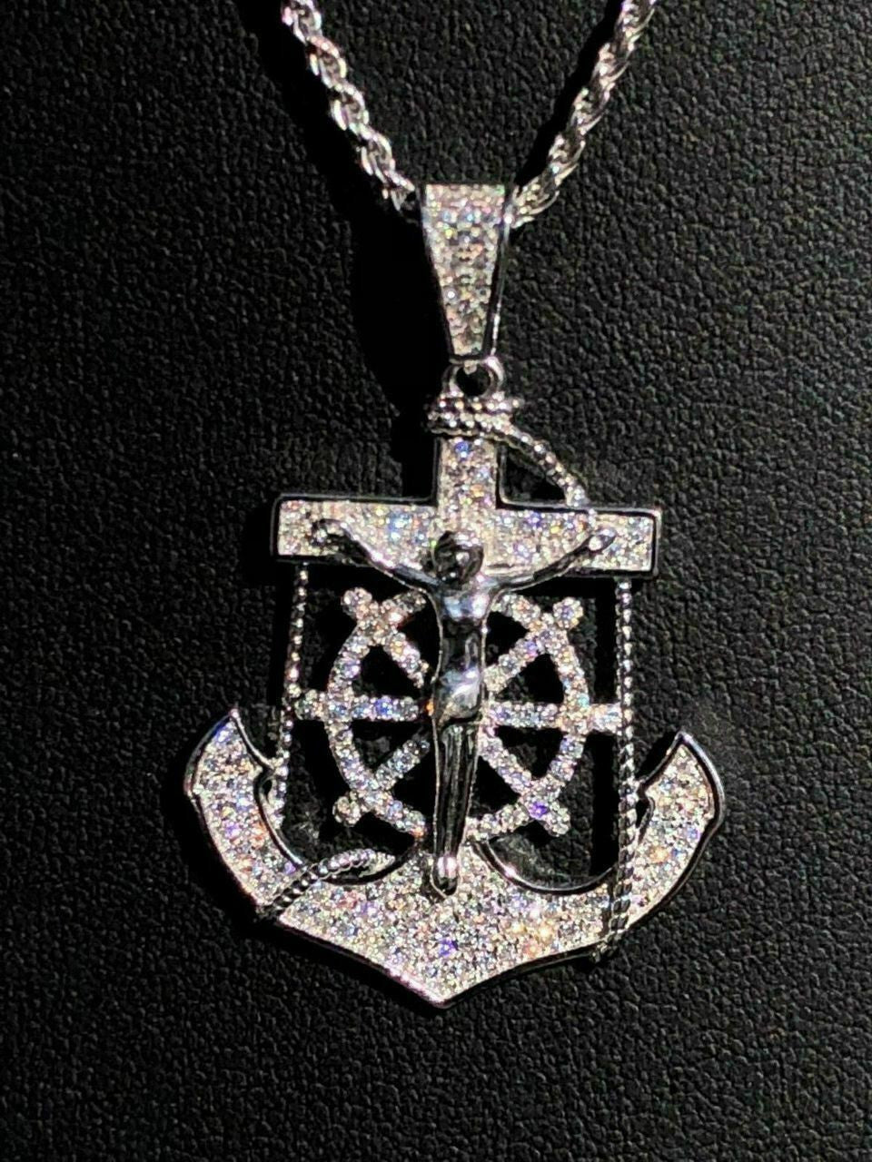 HarlemBling Mens Solid 925 Silver Jesus and Anchor Piece SUPER ICED Diamond 14k Gold Hip Hop