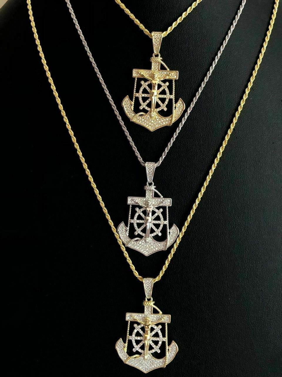 HarlemBling Mens Solid 925 Silver Jesus and Anchor Piece SUPER ICED Diamond 14k Gold Hip Hop