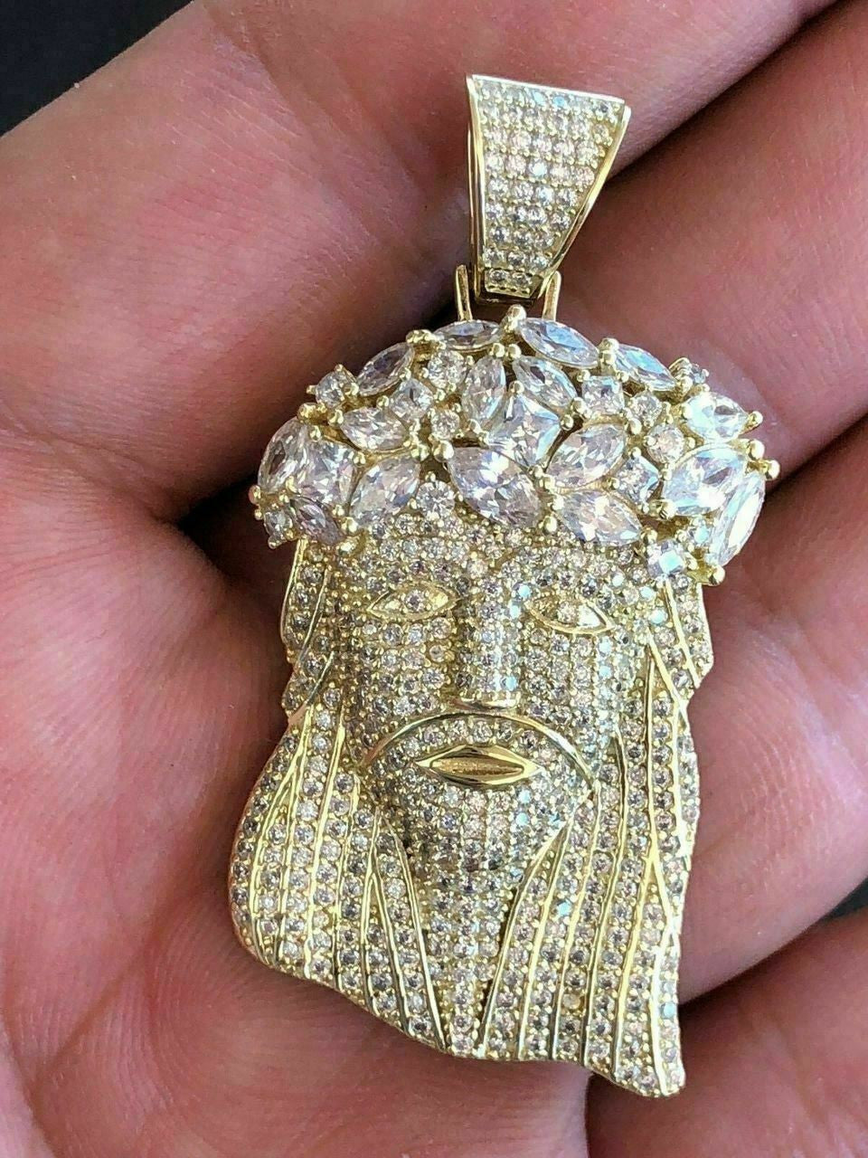 HarlemBling Mens Solid 925 Silver Jesus Piece Pendant FULLY ICED Diamond 14k Gold Bust Down