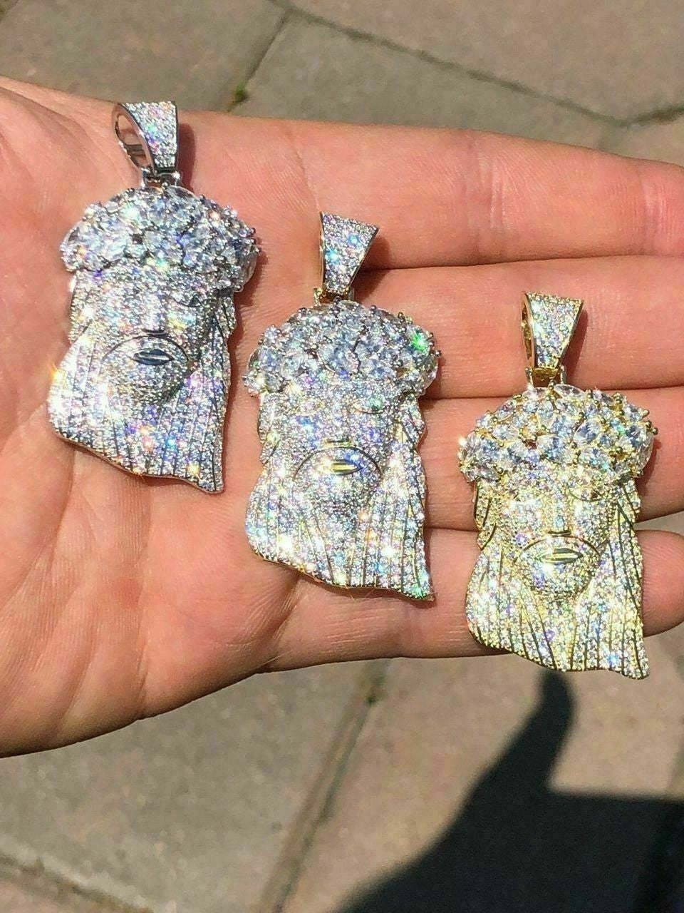 HarlemBling Mens Solid 925 Silver Jesus Piece Pendant FULLY ICED Diamond 14k Gold Bust Down