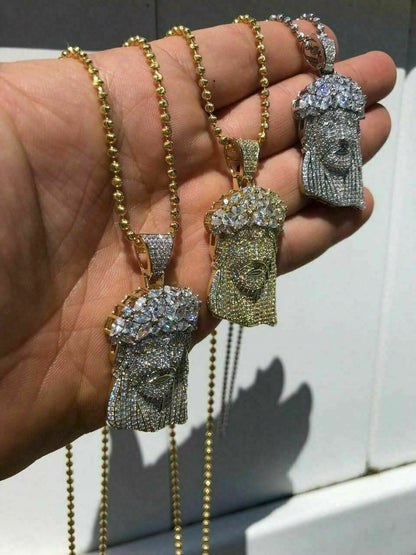 HarlemBling Mens Solid 925 Silver Jesus Piece Pendant FULLY ICED Diamond 14k Gold Bust Down