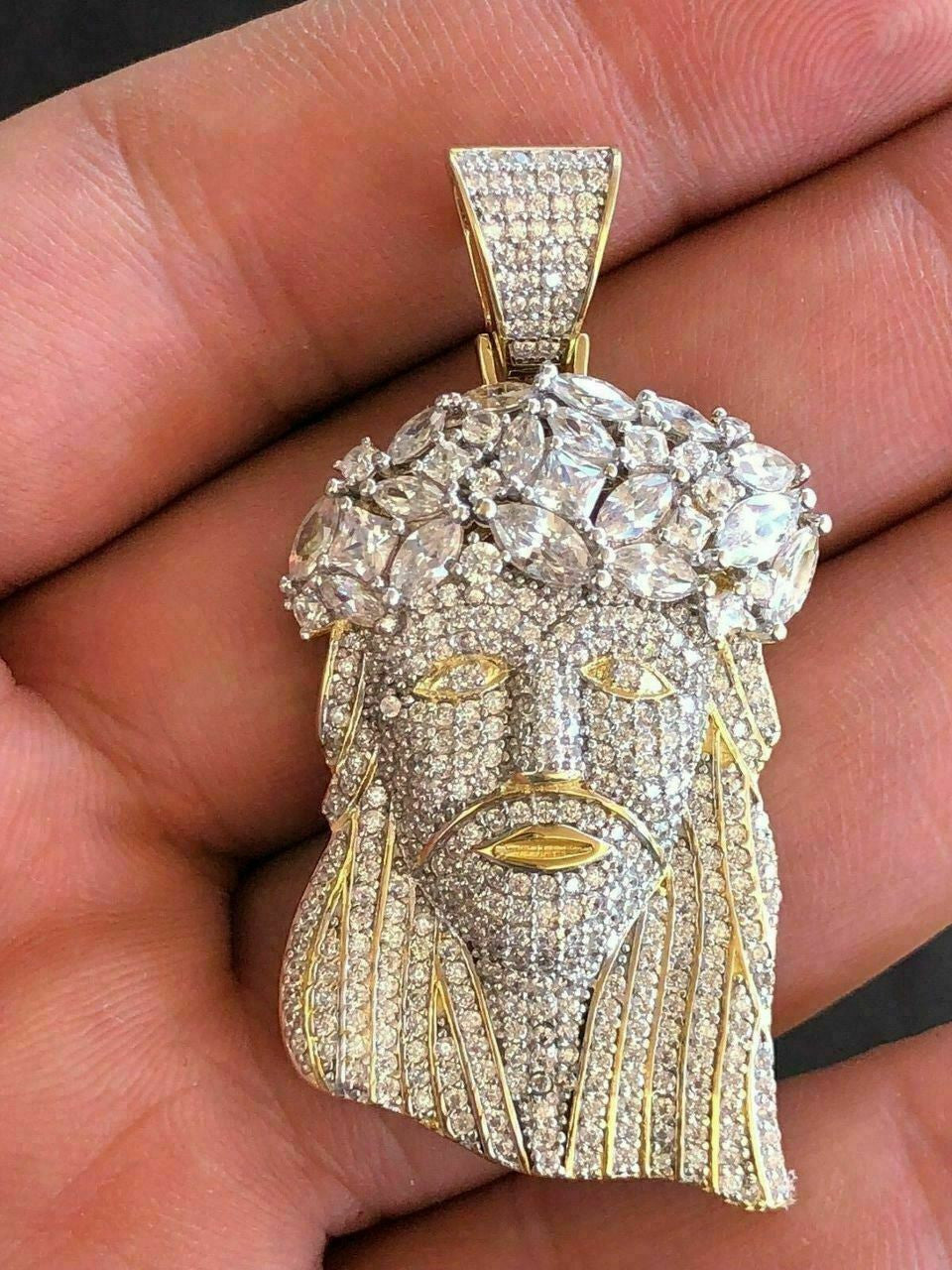 HarlemBling Mens Solid 925 Silver Jesus Piece Pendant FULLY ICED Diamond 14k Gold Bust Down