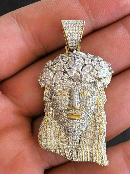 HarlemBling Mens Solid 925 Silver Jesus Piece Pendant FULLY ICED Diamond 14k Gold Bust Down
