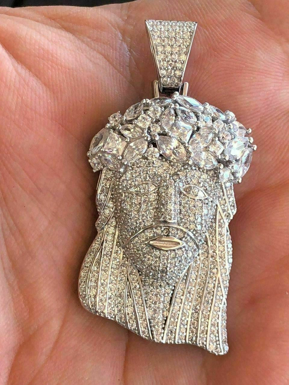 HarlemBling Mens Solid 925 Silver Jesus Piece Pendant FULLY ICED Diamond 14k Gold Bust Down