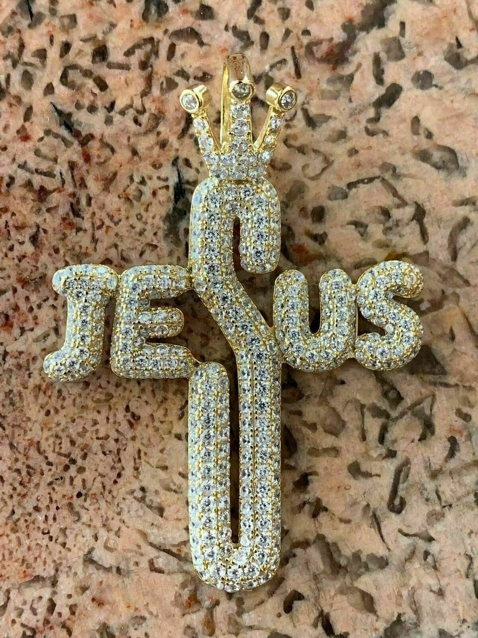 HarlemBling Mens Solid 925 Silver Large Cross W Crown Jesus Piece Pendant Real Iced Letters