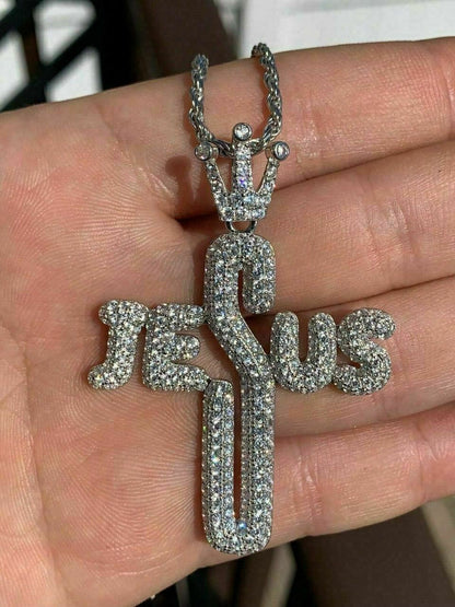HarlemBling Mens Solid 925 Silver Large Cross W Crown Jesus Piece Pendant Real Iced Letters