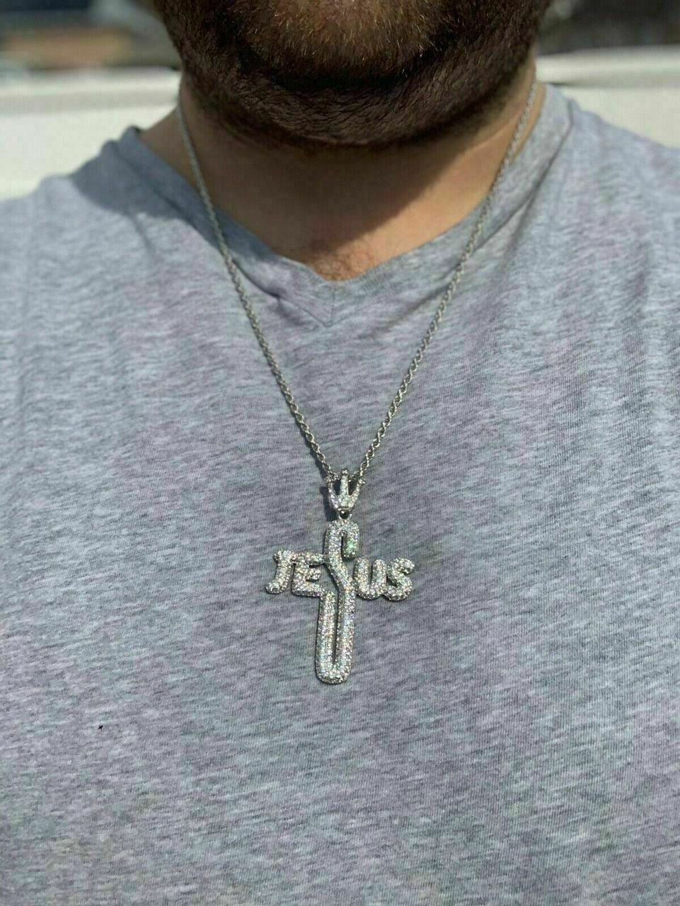 HarlemBling Mens Solid 925 Silver Large Cross W Crown Jesus Piece Pendant Real Iced Letters