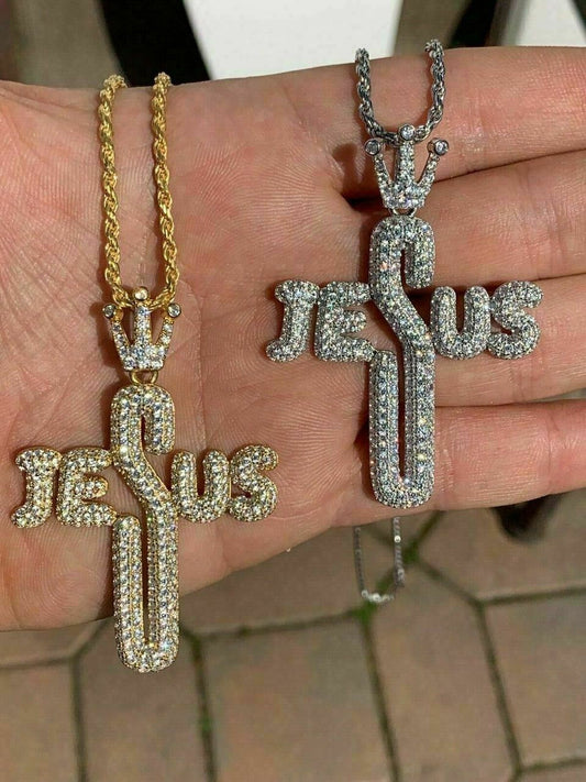 HarlemBling Mens Solid 925 Silver Large Cross W Crown Jesus Piece Pendant Real Iced Letters
