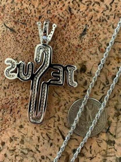 HarlemBling Mens Solid 925 Silver Large Cross W Crown Jesus Piece Pendant Real Iced Letters