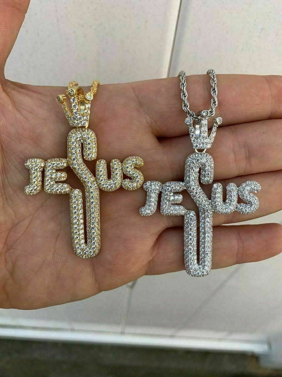 HarlemBling Mens Solid 925 Silver Large Cross W Crown Jesus Piece Pendant Real Iced Letters