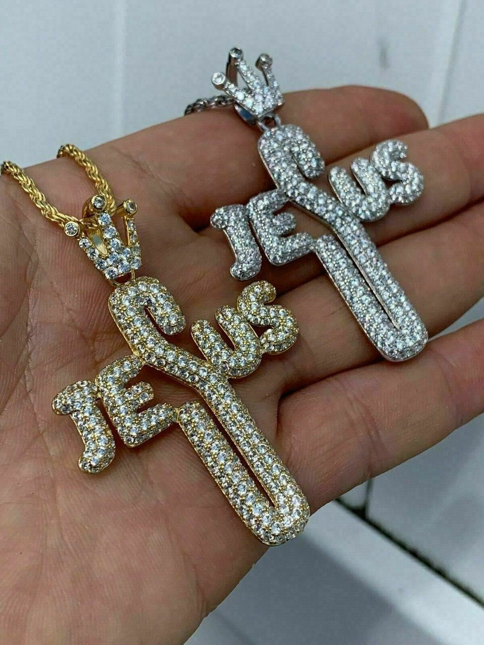 HarlemBling Mens Solid 925 Silver Large Cross W Crown Jesus Piece Pendant Real Iced Letters