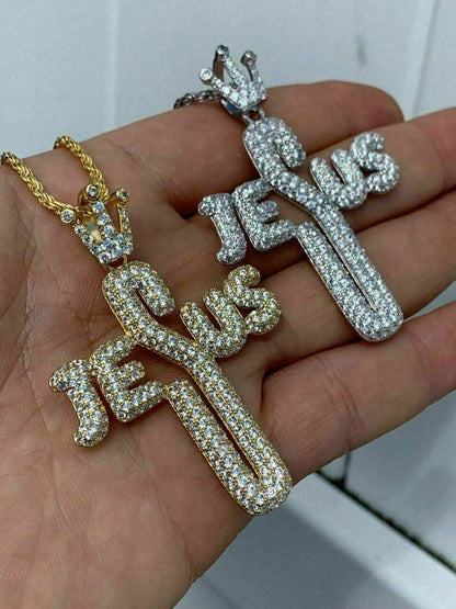 HarlemBling Mens Solid 925 Silver Large Cross W Crown Jesus Piece Pendant Real Iced Letters