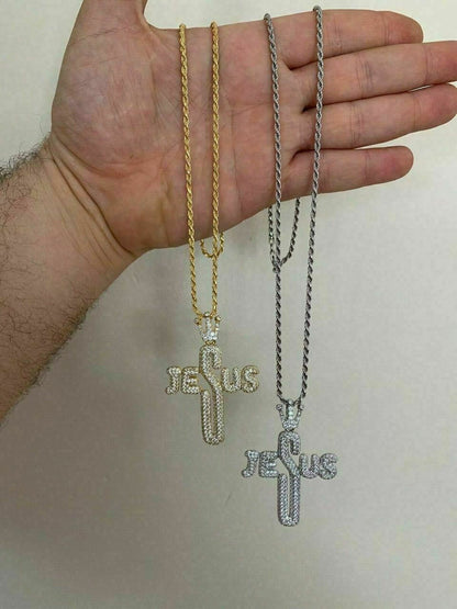 HarlemBling Mens Solid 925 Silver Large Cross W Crown Jesus Piece Pendant Real Iced Letters