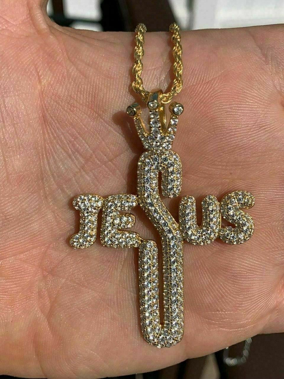 HarlemBling Mens Solid 925 Silver Large Cross W Crown Jesus Piece Pendant Real Iced Letters
