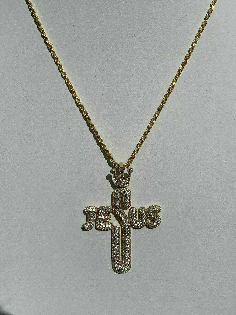 HarlemBling Mens Solid 925 Silver Large Cross W Crown Jesus Piece Pendant Real Iced Letters