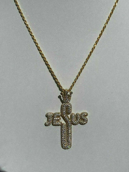 HarlemBling Mens Solid 925 Silver Large Cross W Crown Jesus Piece Pendant Real Iced Letters