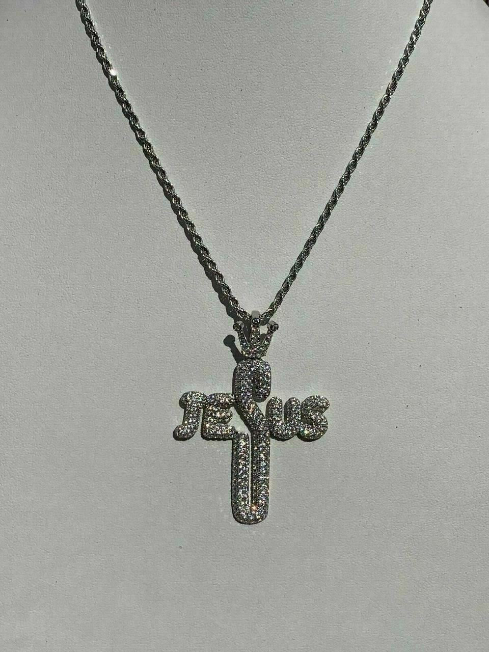 HarlemBling Mens Solid 925 Silver Large Cross W Crown Jesus Piece Pendant Real Iced Letters