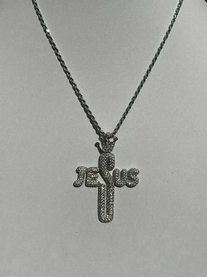 HarlemBling Mens Solid 925 Silver Large Cross W Crown Jesus Piece Pendant Real Iced Letters