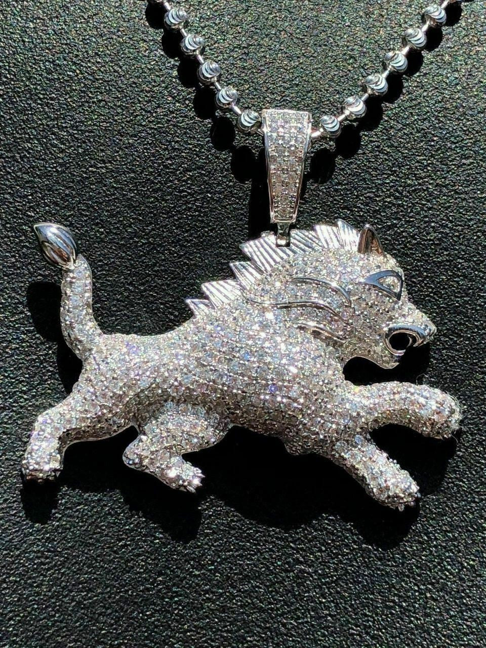 HarlemBling Mens Solid 925 Silver Real Iced 2ct Diamond Rasta Lion Icy Leo Pendant 14k Gold
