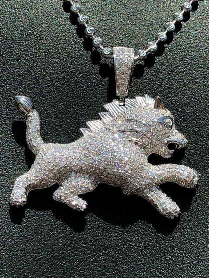 HarlemBling Mens Solid 925 Silver Real Iced 2ct Diamond Rasta Lion Icy Leo Pendant 14k Gold