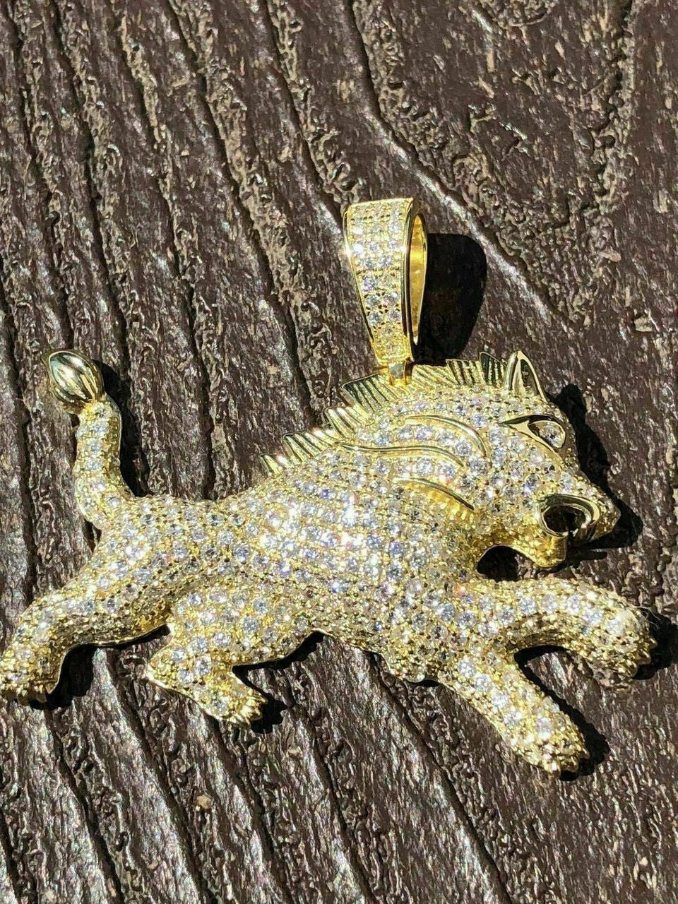 HarlemBling Mens Solid 925 Silver Real Iced 2ct Diamond Rasta Lion Icy Leo Pendant 14k Gold