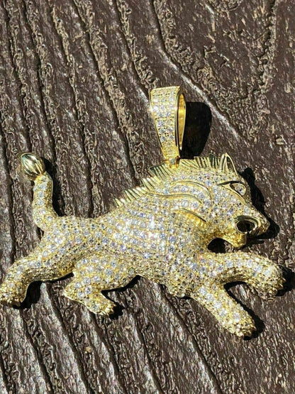 HarlemBling Mens Solid 925 Silver Real Iced 2ct Diamond Rasta Lion Icy Leo Pendant 14k Gold