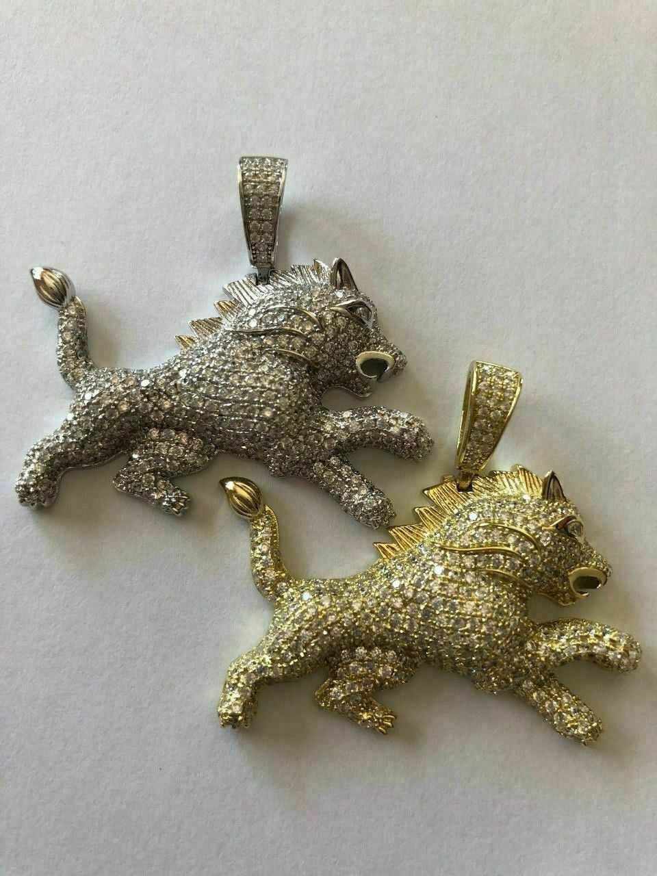 HarlemBling Mens Solid 925 Silver Real Iced 2ct Diamond Rasta Lion Icy Leo Pendant 14k Gold