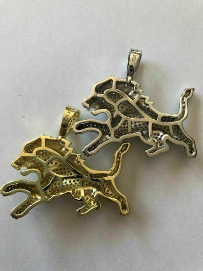 HarlemBling Mens Solid 925 Silver Real Iced 2ct Diamond Rasta Lion Icy Leo Pendant 14k Gold