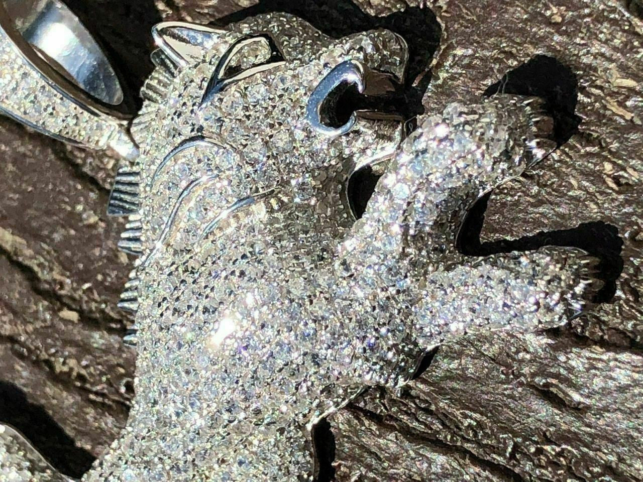 HarlemBling Mens Solid 925 Silver Real Iced 2ct Diamond Rasta Lion Icy Leo Pendant 14k Gold