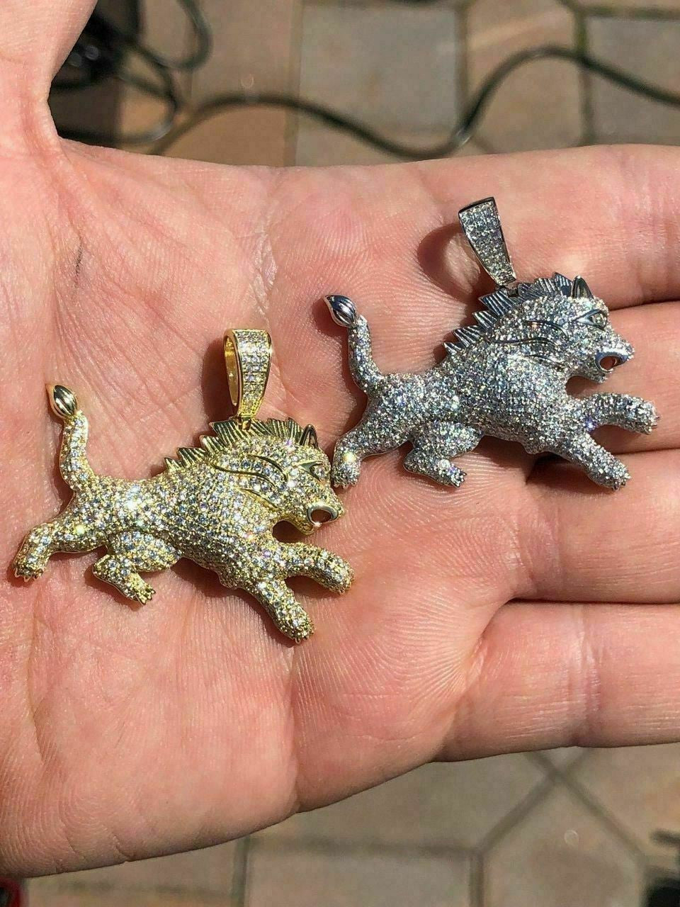 HarlemBling Mens Solid 925 Silver Real Iced 2ct Diamond Rasta Lion Icy Leo Pendant 14k Gold