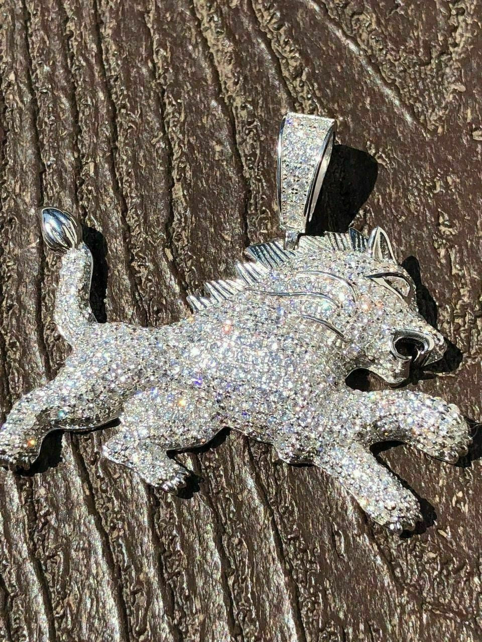 HarlemBling Mens Solid 925 Silver Real Iced 2ct Diamond Rasta Lion Icy Leo Pendant 14k Gold
