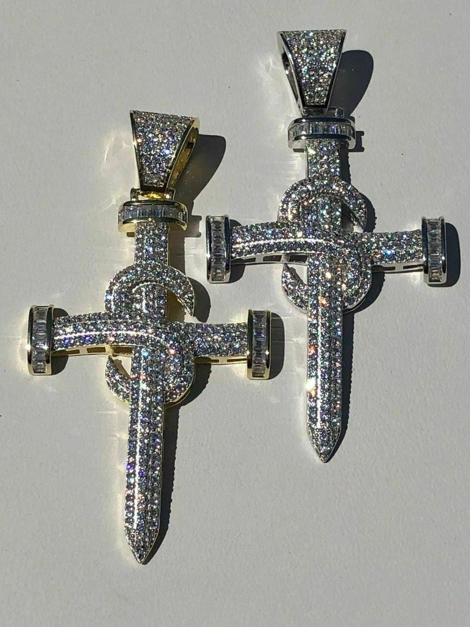 HarlemBling Mens Solid 925 Silver Real Iced 3ct Diamond Nail Cross LARGE 2 Pendant 14k Gold