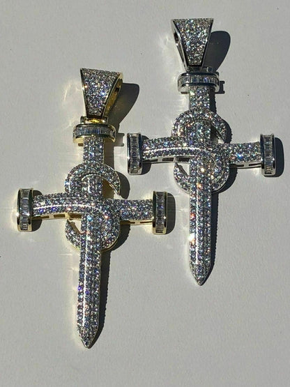 HarlemBling Mens Solid 925 Silver Real Iced 3ct Diamond Nail Cross LARGE 2 Pendant 14k Gold