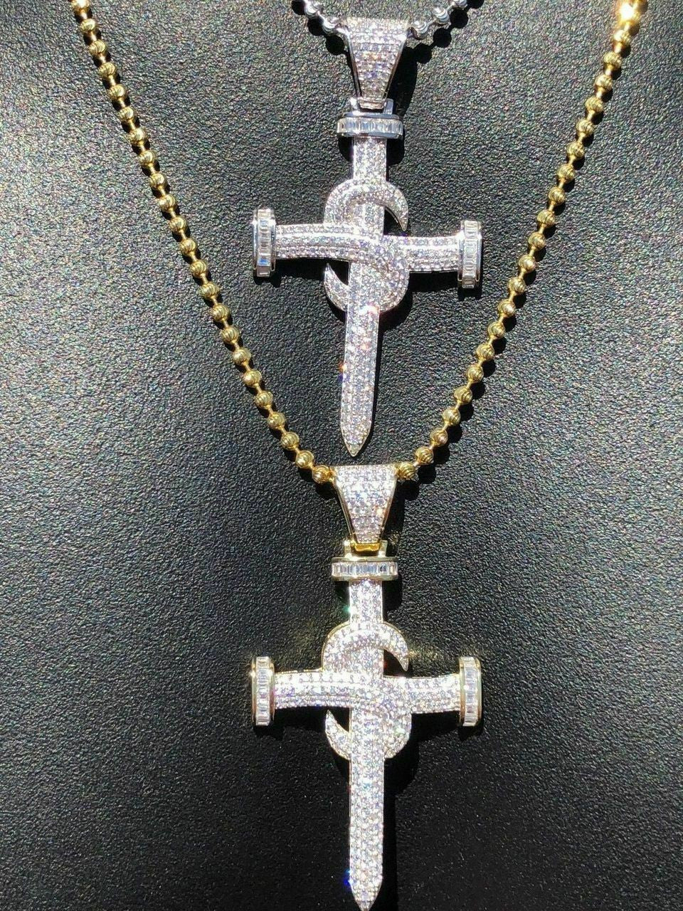HarlemBling Mens Solid 925 Silver Real Iced 3ct Diamond Nail Cross LARGE 2 Pendant 14k Gold