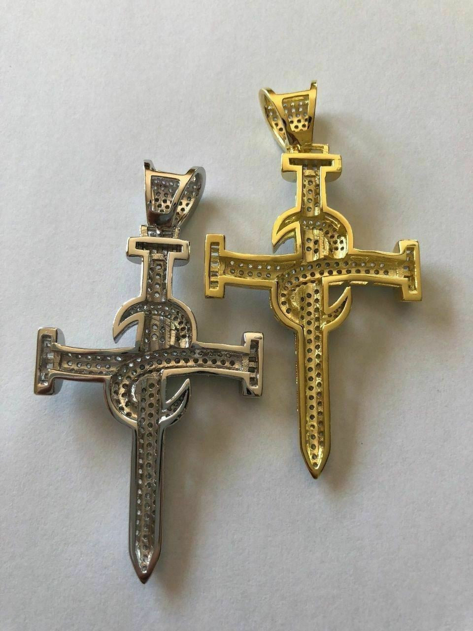 HarlemBling Mens Solid 925 Silver Real Iced 3ct Diamond Nail Cross LARGE 2 Pendant 14k Gold